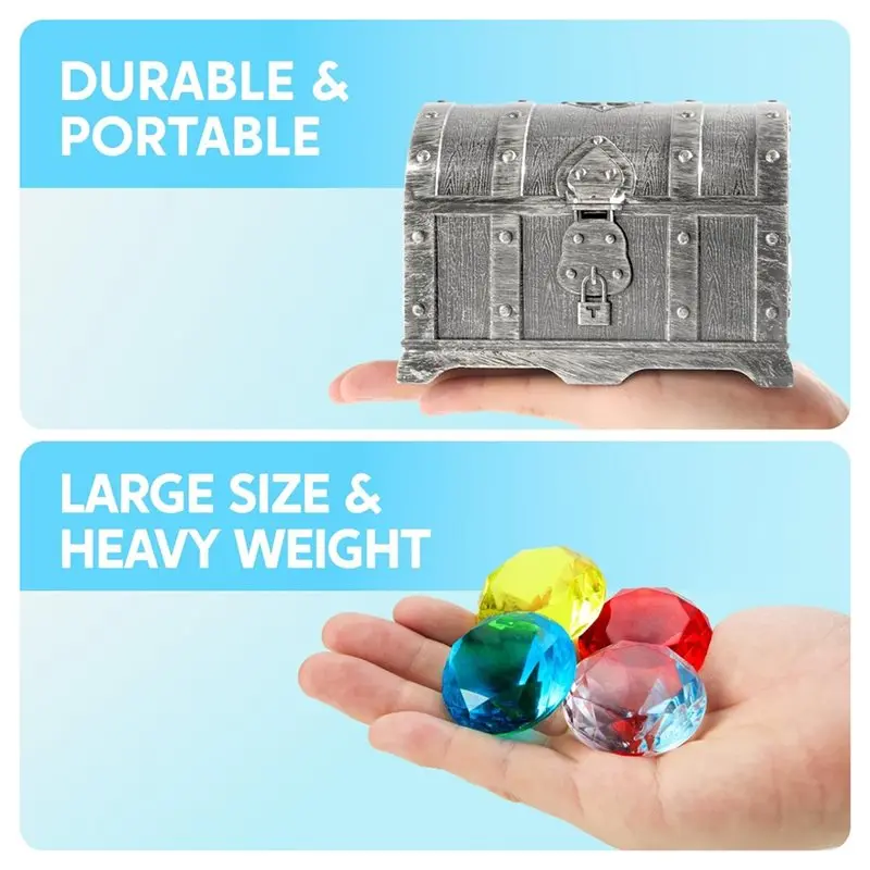 B05C-Pool , Diving Gems 16 Big Colorful Diamonds With Pirate Treasure Chest Water Playthings For Kids Game