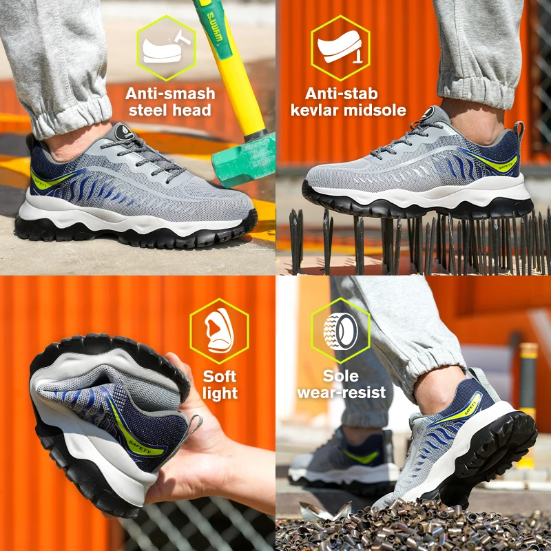 أحذية أمان قابلة للتنفس، أحذية بمقدمة فولاذية للرجال، أحذية أمان خفيفة الوزن، مقاومة للانزلاق، أحذية رياضية ناعمة مضادة للصدمات للعمل