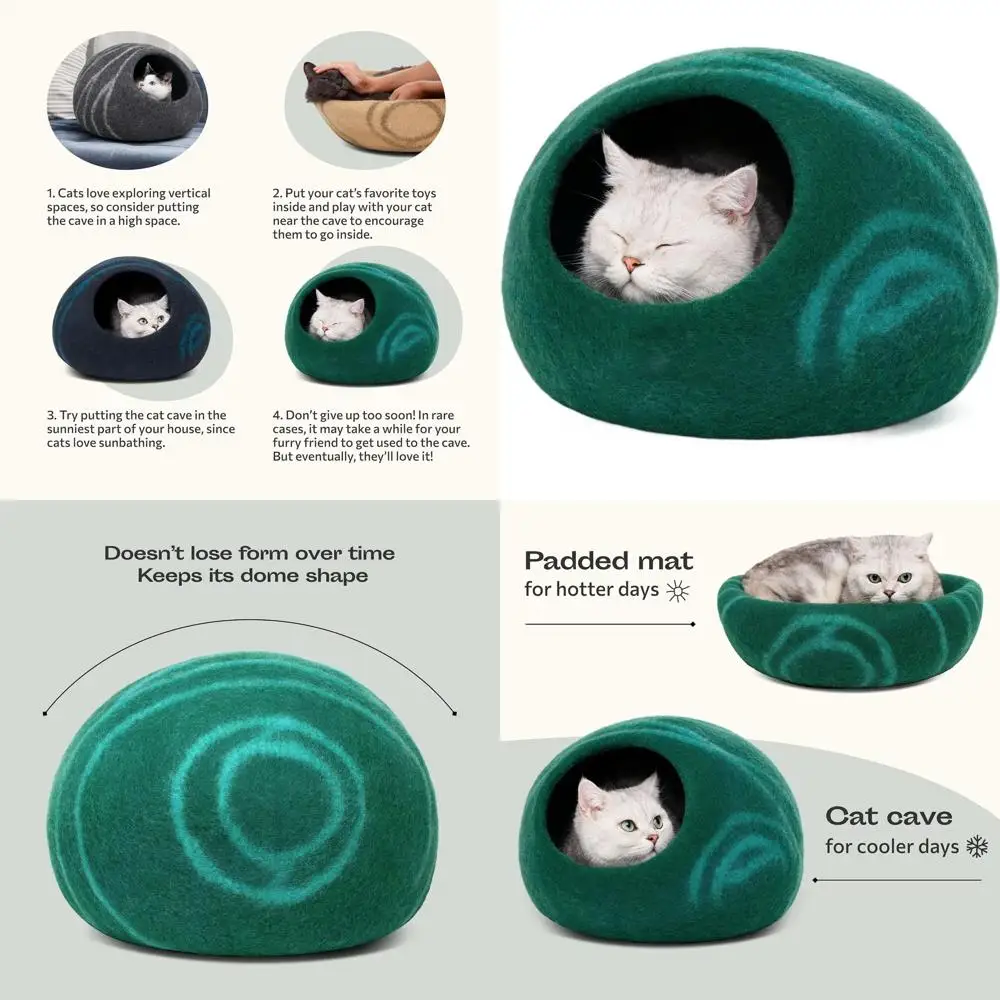 

Luxury Handcrafted Merino Wool Cat Bed for Indoor Felines, Emerald Green, Large Size