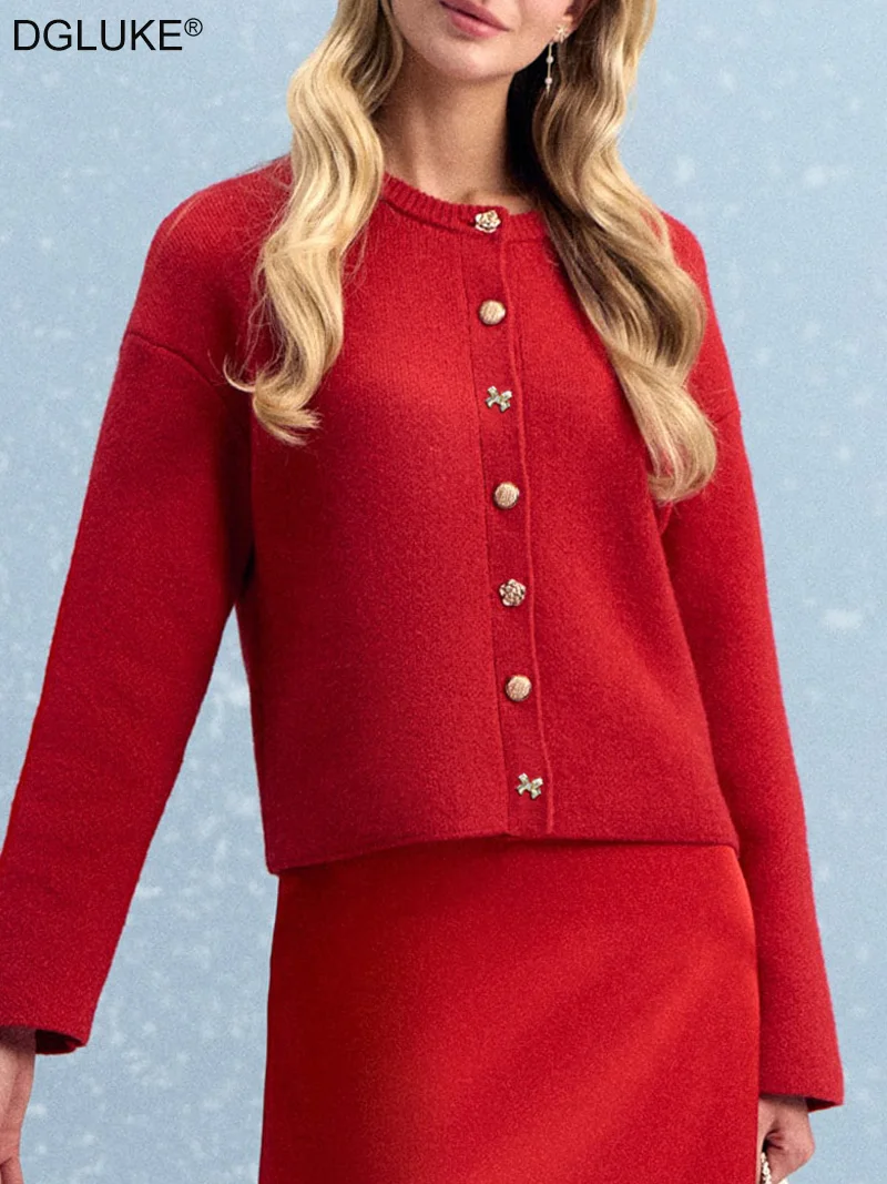 

DGLUKE красный кардиган, свитера для женщин, свитер на пуговицах с круглым вырезом, зимние вязаные кардиганы, черная укороченная куртка, трикотаж