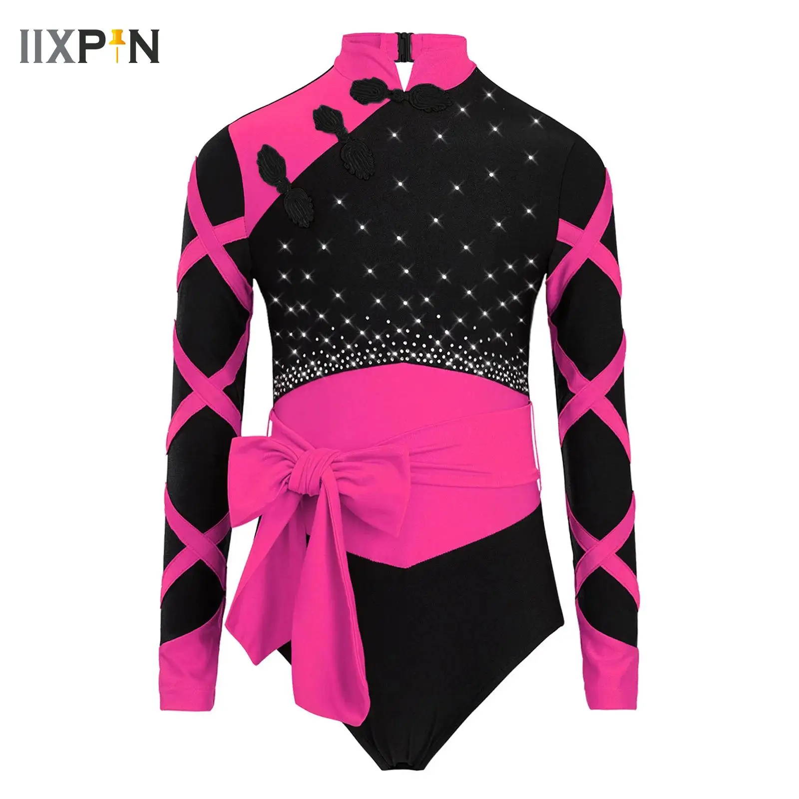 

Kids Girls Figure Skating Dance Dress Rhythmic Gymnastics Leotard Chinese Style Rhinestone Color Block Long Sleeve Bodysuit
