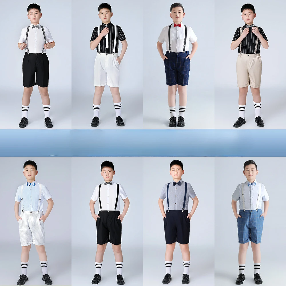 Boys' Dress Summer New Short sleeved Shirt with Fat Backband Pants Set Fat Version Children's Hosting Performance Dress