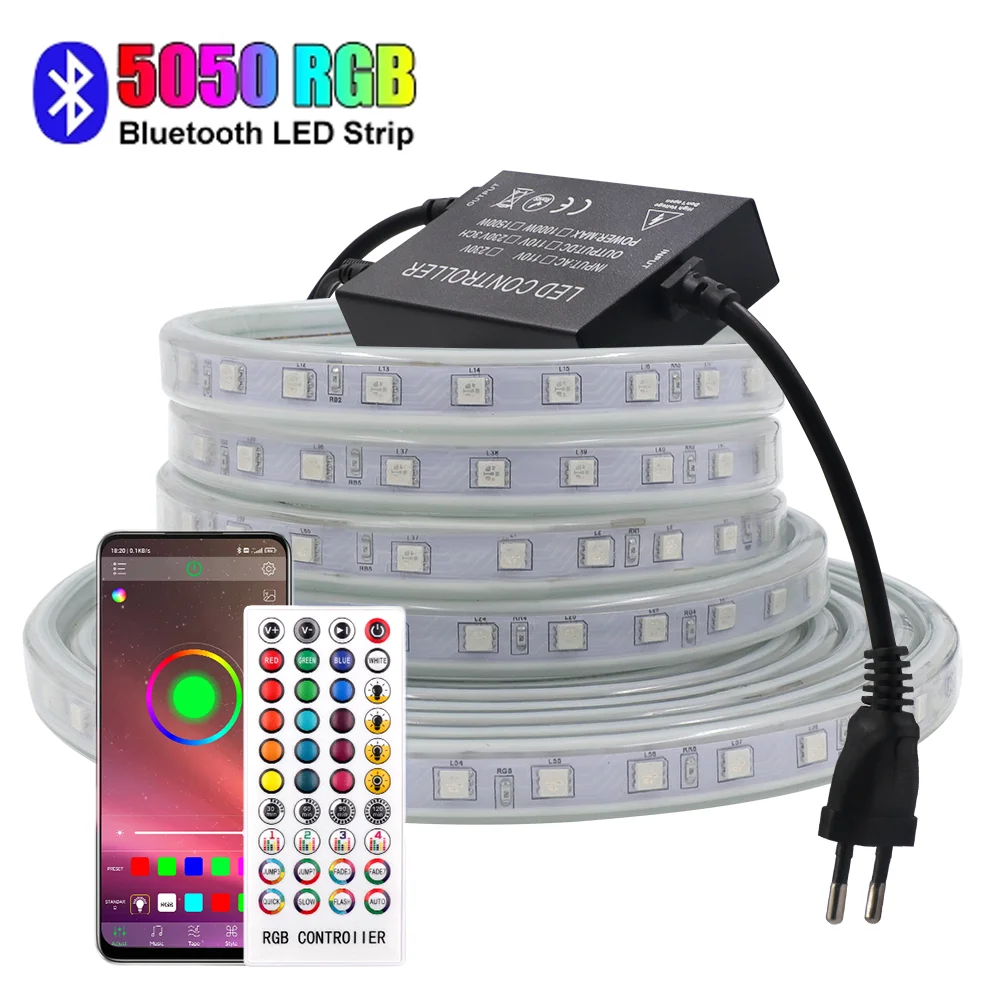 

110V 220V Bluetooth LED Strip Waterproof SMD5050 RGB Tape Diode Smart APP Remote Control LED Rope Lights 60Leds/m Outdoor Decor