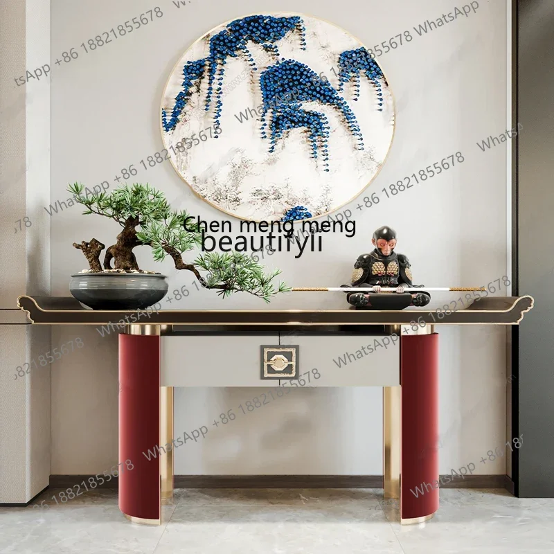 32 New Chinese style simple and light luxury entrance table retro red striped club art solid wood end viewing platform