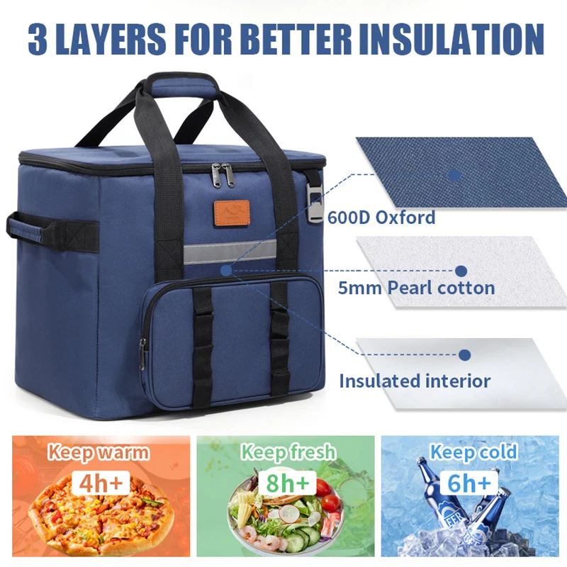 40L Thermal Food Carrier Bag for Women Large Insulated Cooler Tote with Zipper Portable Leakproof Picnic Bag for Camping Beach