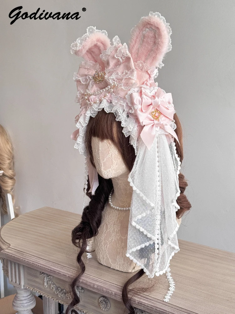

Original Handmade Detachable Rabbit Ear Luxurious Headband Hair Accessory Lolita Girls Women's Cosplay Headwear Hairband