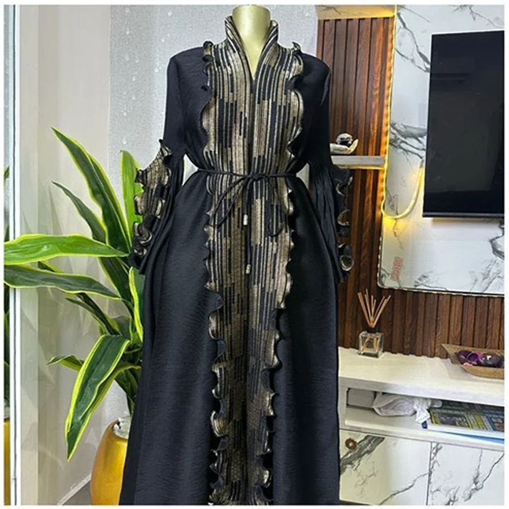 

ANLAN Miyake Pleated High Strecth Dress Ruffles Full Sleeve with Belt Formal Dresses for Women 2025 Summer New Hot Sales 2AN8165