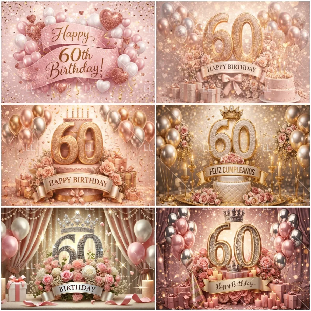 

60th Happy Birthday Background Pink Shiny Balloons Cake Champagne Design Backdrop Elegant Girl Party Decoration Photography Prop