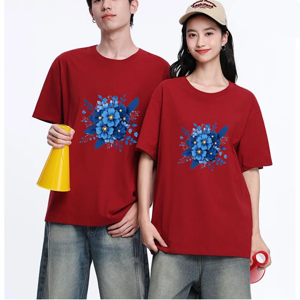 Blue Floral Bouquet Printed T Shirt Breathable Fabric S-XXL Personalized Custom Aesthetic Graphic Unisex Fit Daily Wear Casual S