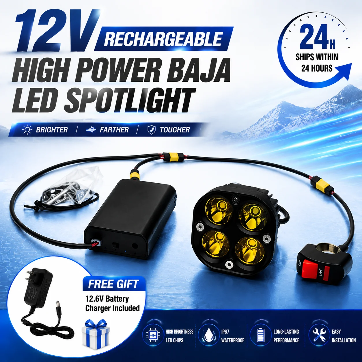Dream Car Wintai 12V Rechargeable Front Baja LED Headlamp 40W 3623 Total Lumens Dual Color Off Road Light IP67 Waterproof For AT