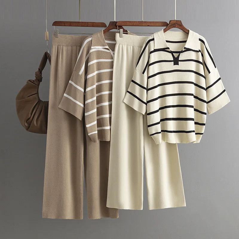

Мода в полоску с цветными блоками в европейском и американском стиле, лето 2025 года, повседневные свободные вязаные широкие брюки, комплект из двух предметов