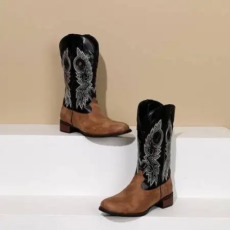 Mężczyźni Kobiety Unisex 2024 Mid Calf Western Cowboy Embroidery Boots Mężczyzna Jesień Outdoor Leather Totem Med Heel Fashion Designed Boots