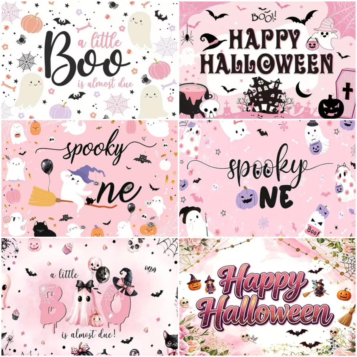 Pink Happy Halloween Party Decorations Backdrop Cats Moon Pumpkin Spider Web Cute Ghost Background Boo Banner Photography Props