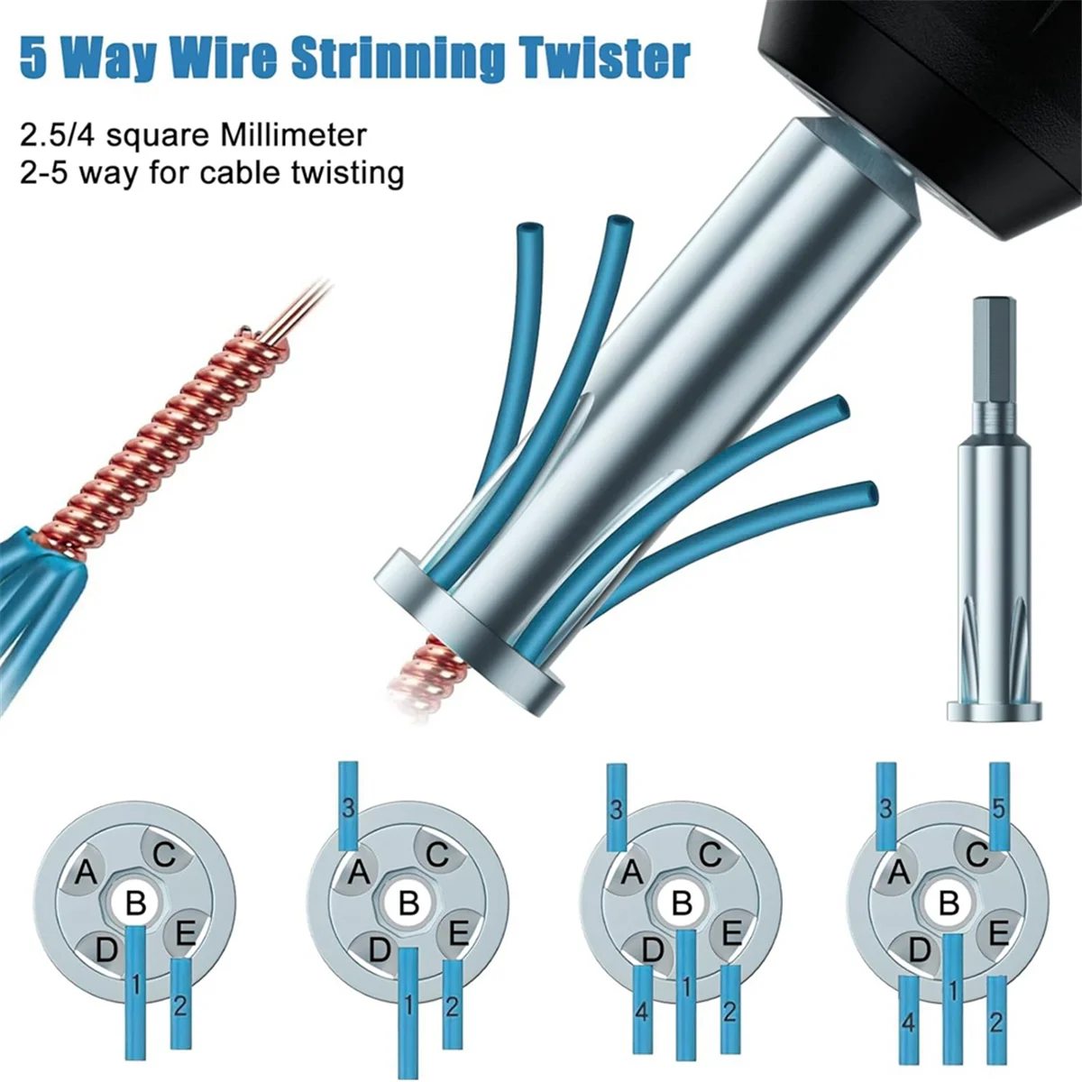 3Pcs Wire Twister Tool for Drill - 3 Way/ 5 Way Wire Stripper and Electrical Wire Twister Tool for Power Drill