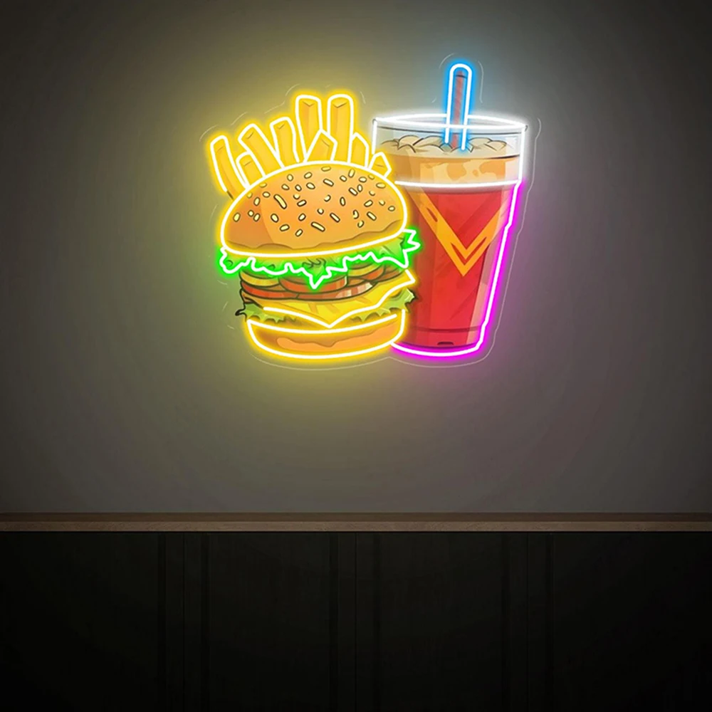 Burgers and Drinks Neon Sign Hamburger Neon Light Burgers Decoration Acrylic Sign Handmade Neon Hamburger Food Shop Wall Decor