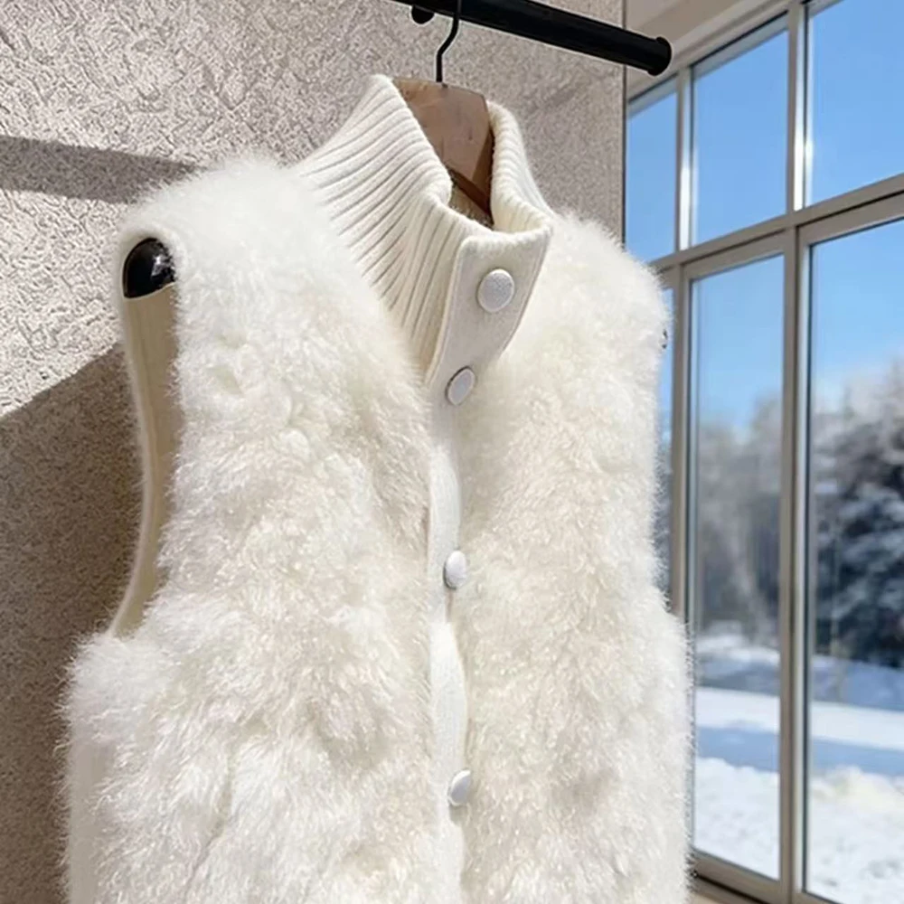 White Plush Vest for Women Autumn Winter Faux Lamb Fur Knitted Sleeveless Jackets Casual Daily Warm Outerwear Waistcoat