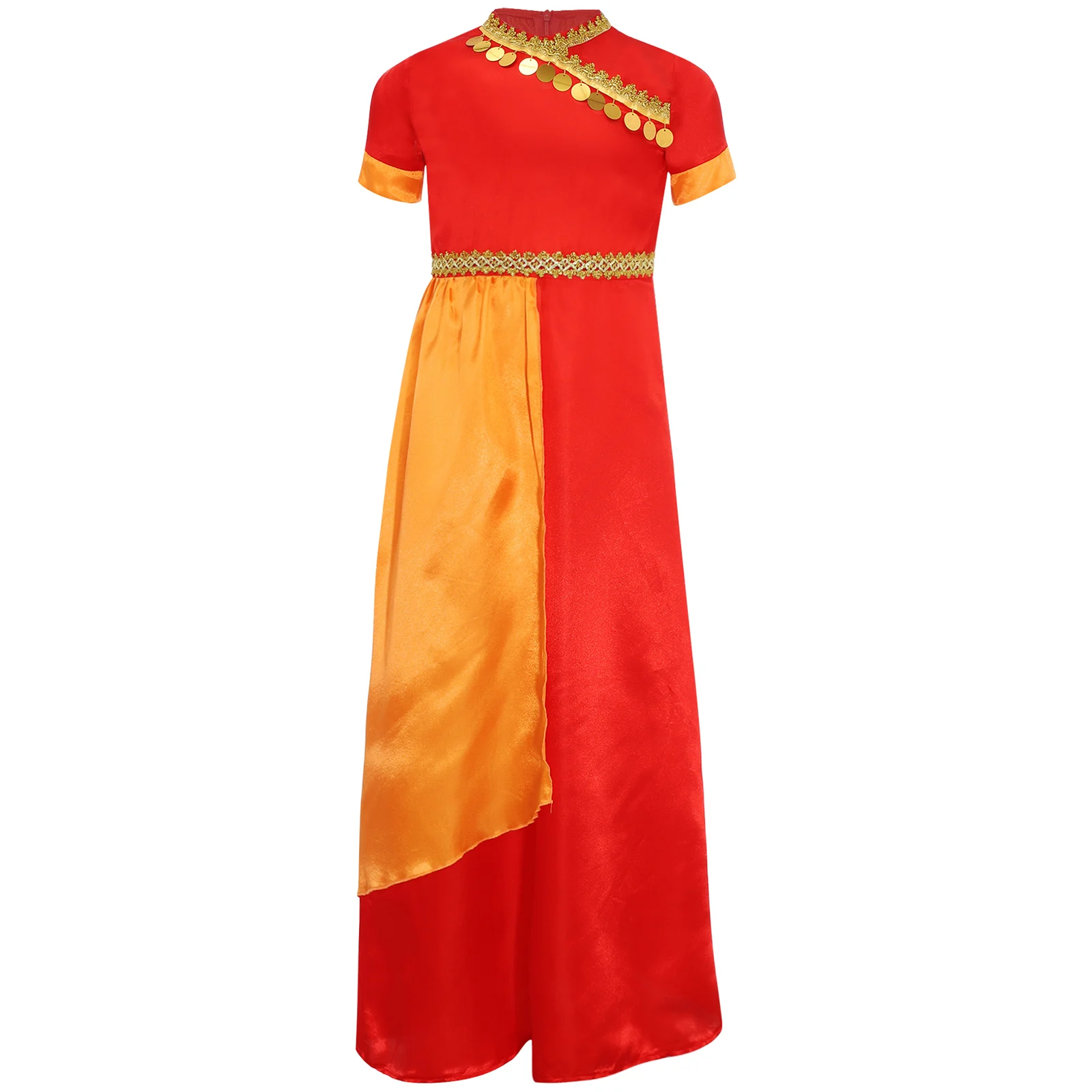 

Girls Fancy Dresses Saree Indian Classical Dance Outfit Short Sleeve Gold Trim Gold Circles Color Contrast Modern Dance Dress