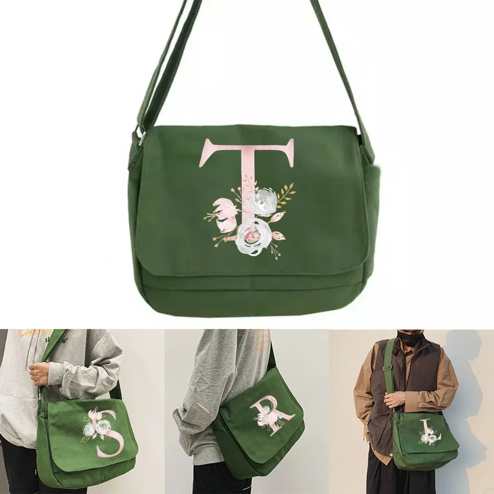 Large Capacity Shoulder Bags Green Canvas Leisure Travel Messenger Bag Pink flower Initial Name Series Women Crossbody Package