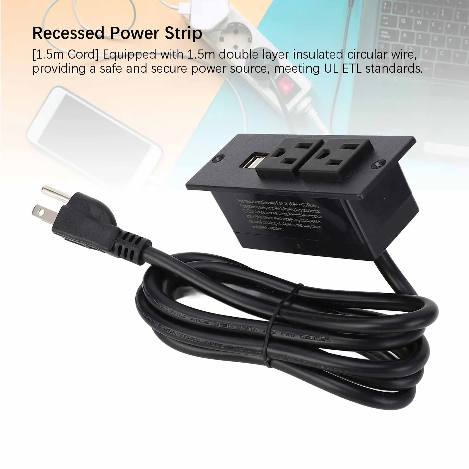 AC Outlet USB Power Strip Recessed Power Strip 1500W 2 AC Outlets 2 USB Ports Furniture Power Socket with 1.5m Cord 12A