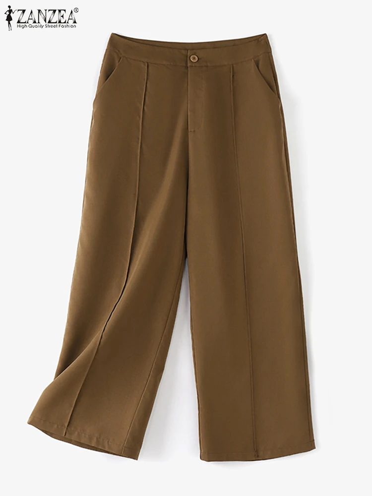 ZANZEA Office pantaloni lunghi a vita alta pieghettati donna tasche Vintage pantaloni dritti Casual 2024 autunno pantaloni corti Pantalones