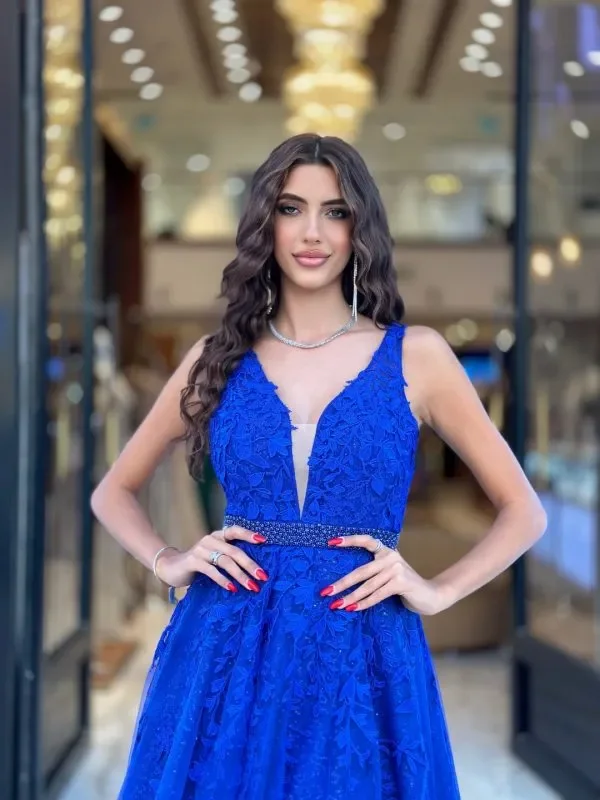 Robe de soirée en dentelle bleue, ligne de luxe, appliques, sexy, col en V, occasion spéciale, soirée formelle, élégante, robe de Rhpersonnalisée, nouveau classique