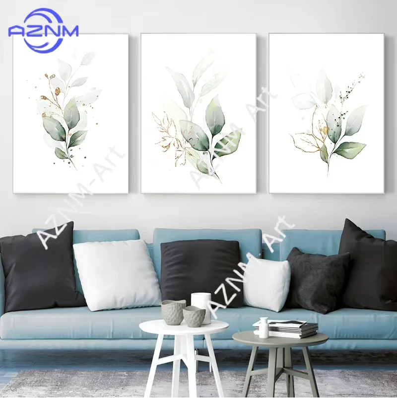 1/3 Stück, böhmische grüne Blätter, goldene Blumen, botanische Wandkunst, Leinwandgemälde, Poster, Druck, Bilder für Wohnzimmer