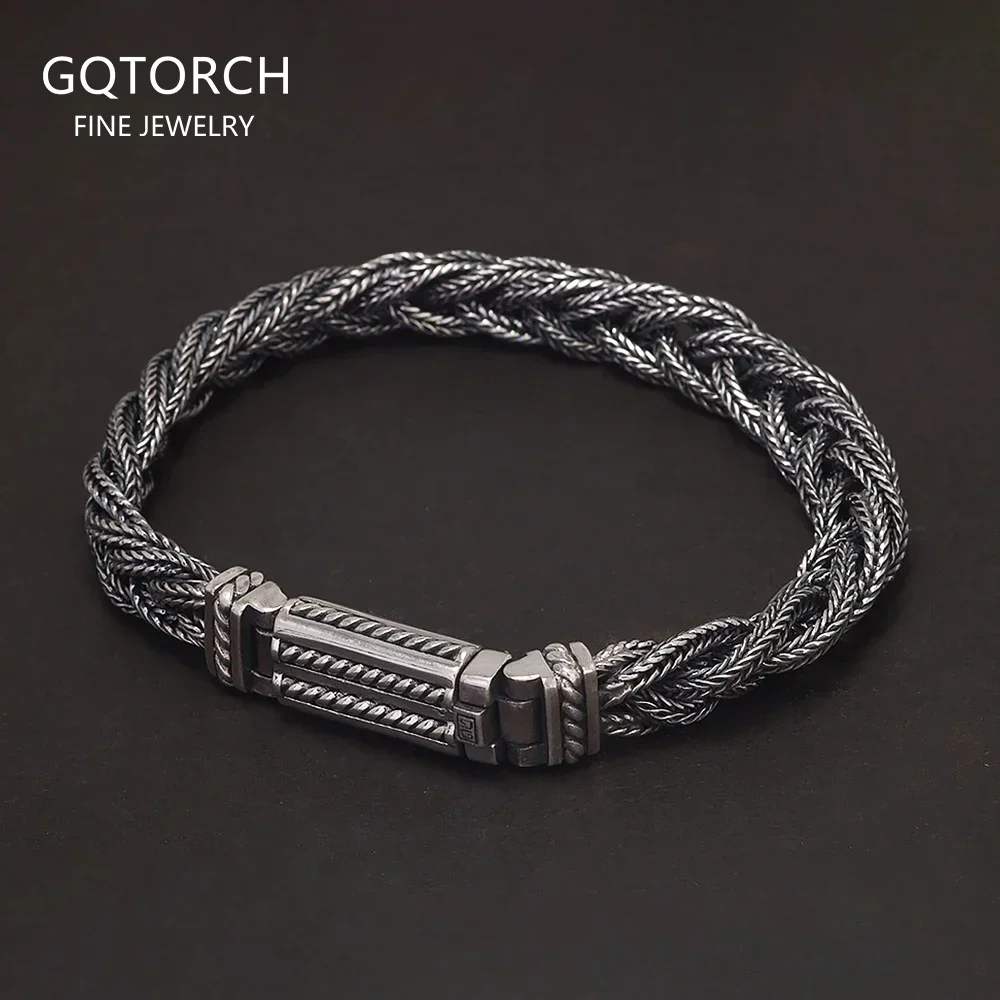 Real S925 Sterling Silver Braided Bracelet for Men 9mm Vintage Hiphop Punk Norse Thick Safe Toggle Buckle Handmade Jewelry