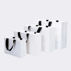 White Shopping Bags With Ribbon Handles,Black Kraft Paper Bags For Christmas Wedding Clothes Shoes Gift Box Bussiness Packaging