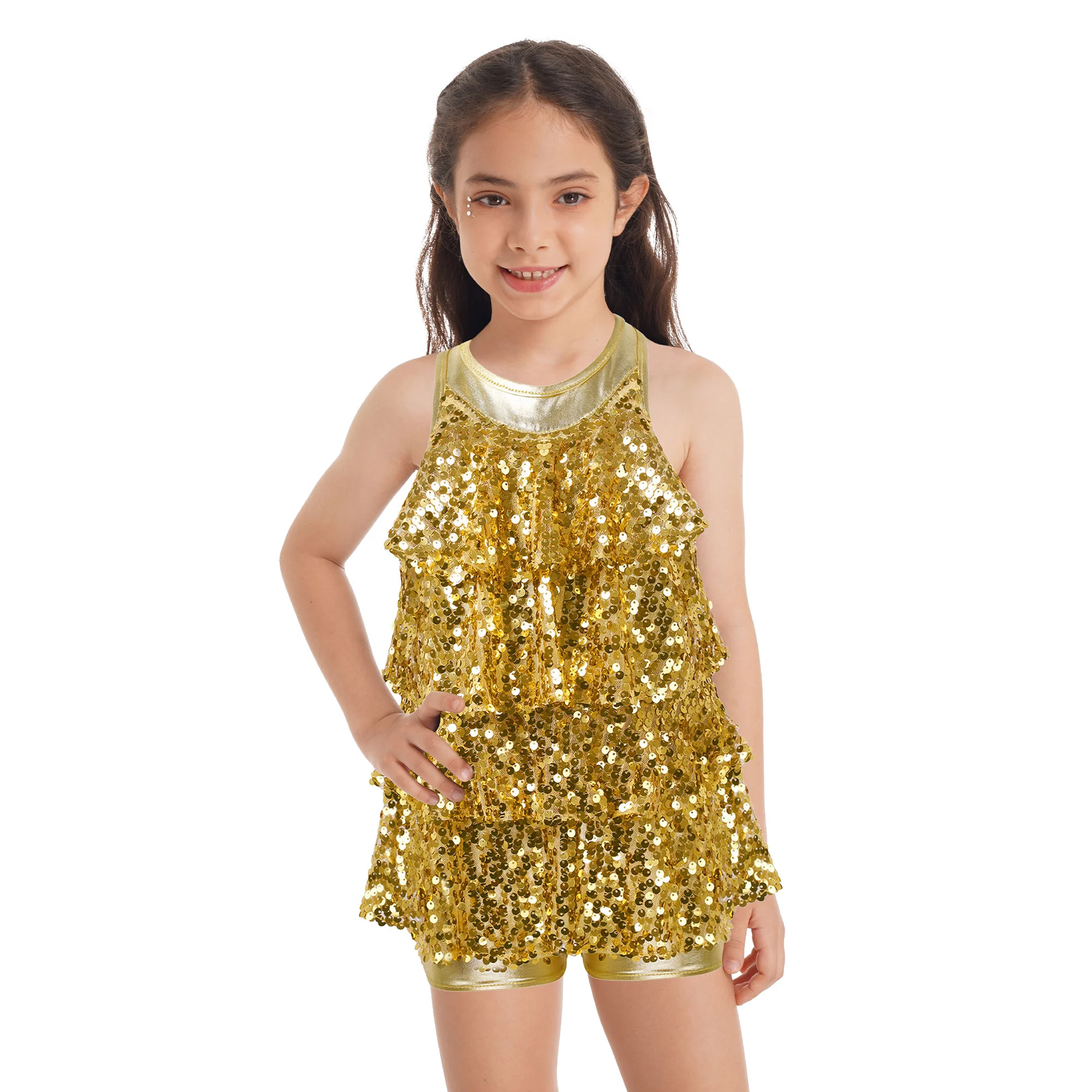 Kids Girls Sequins Dance Dress Ballet Gymnastics Shorty Leotard Unitard Sparkle Modern Jazz Latin Dance Performance Costumes