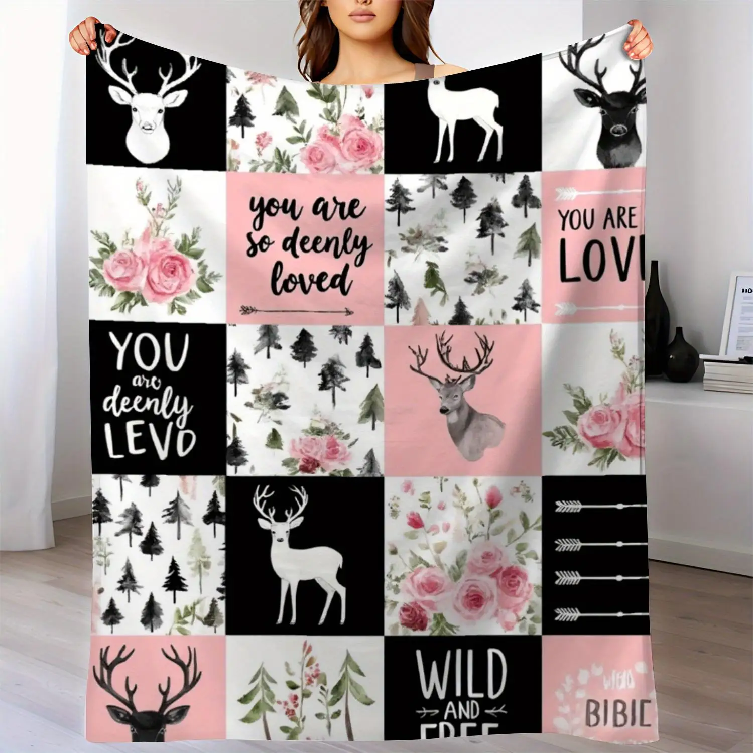 

1 шт. одеяло с оленем и цветочным узором, полиэфирная ткань, можно стирать в машине, подходит для декора спальни и гостиной.