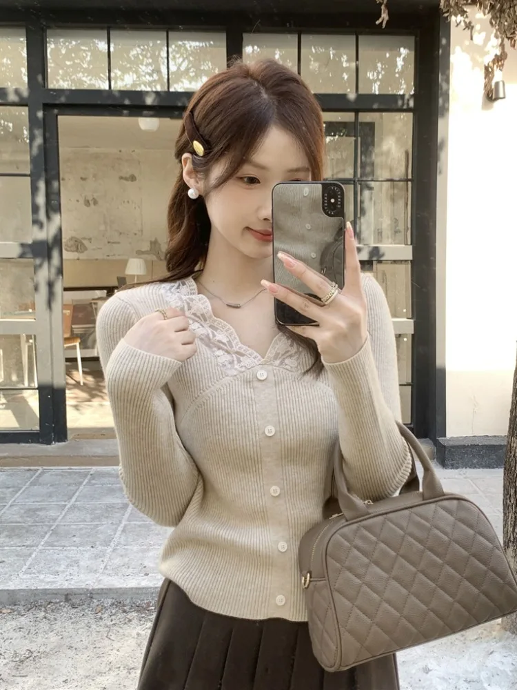

French Sle Lace Trim Base irt Women's V-Ne Knitted Sweater Slim Fit Inner Wear Autumn Winter Faion Small Size Top