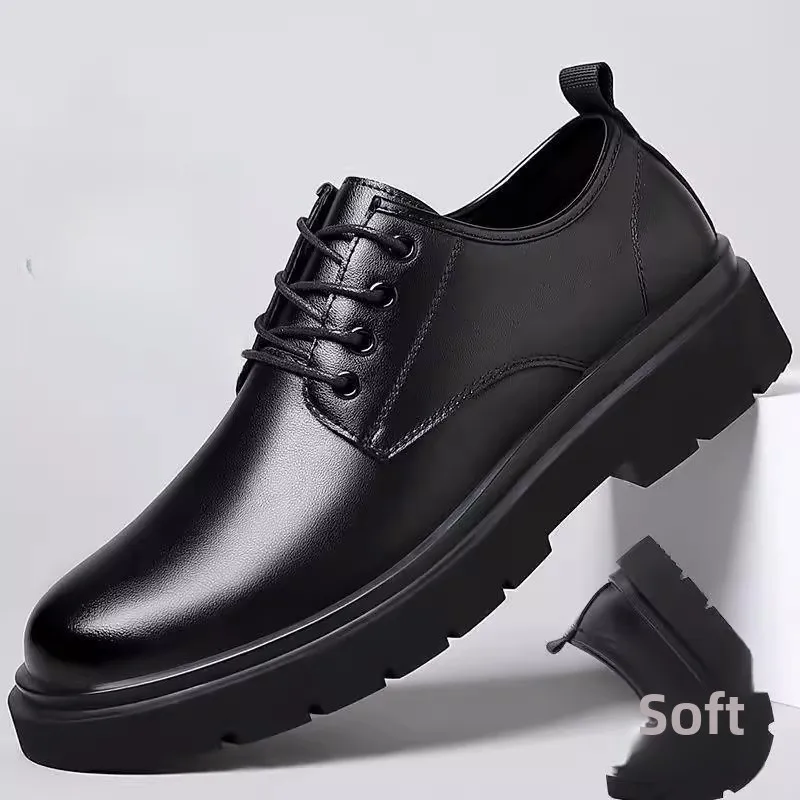 

Men's Casual Black Leather Shoes Spring Summer 2026 round Toe High Heel Business Formal Trendy Footwear Breathable Comfort