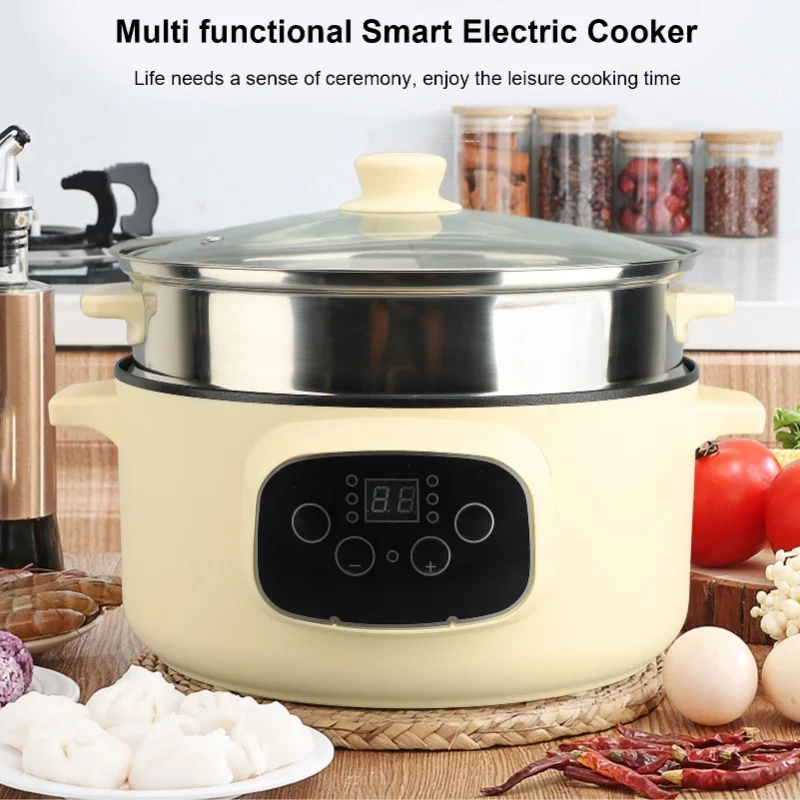Multi functional 26cm Electric Cooker Pot Temperature Control Anti Dry Burn Smart Reservation Khaki