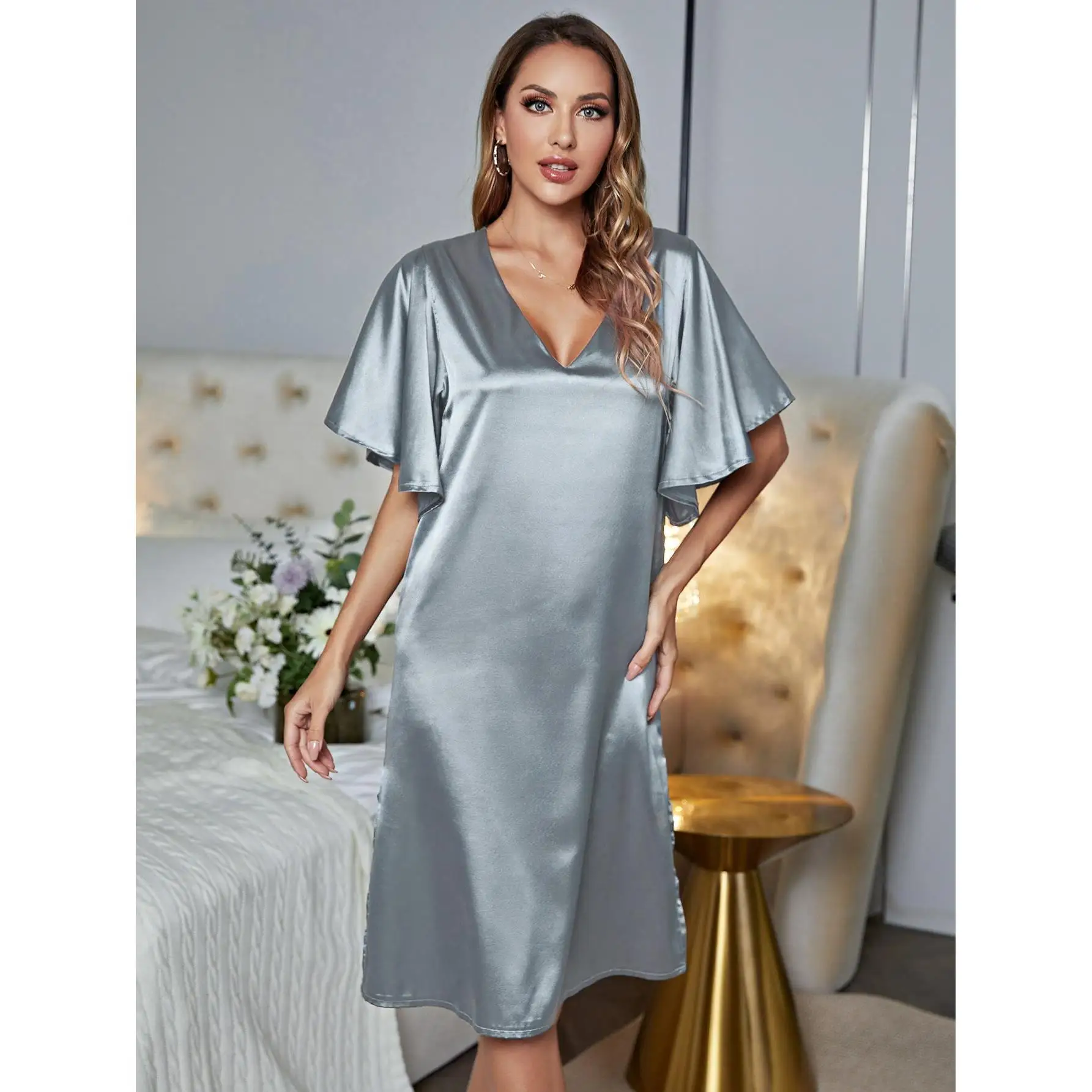 Pajamas Women Imitation Silk Home Clothes Solid Color V-neck Ice Silk Satin Nightdress Summer Night Wears for Women