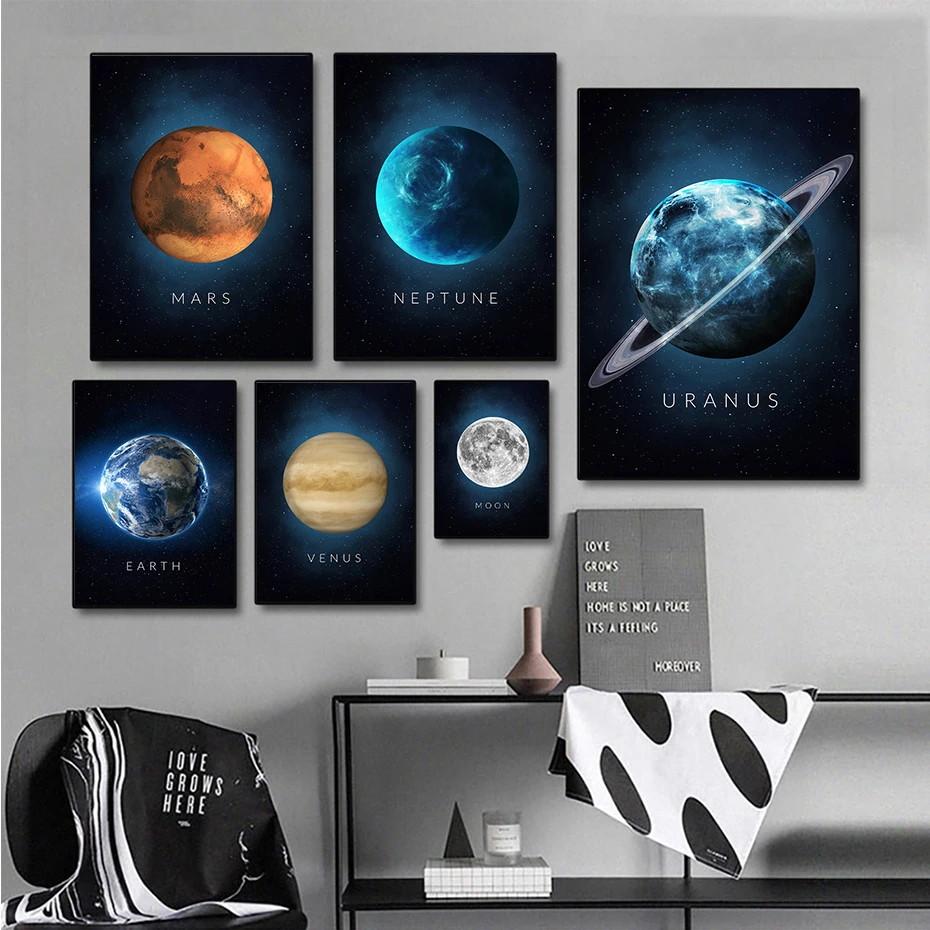 Earth Moon Sun Venus Jupiter Mercury Mars Uranus Neptune Art Poster and Print Planet Wall Art Canvas Painting Living Room Decor