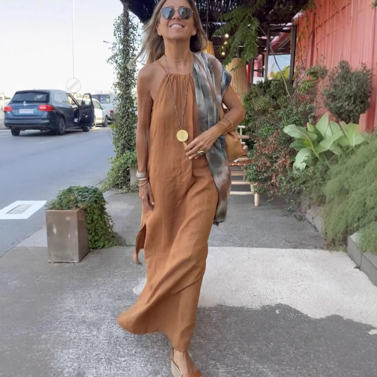 

Neck Slit Cotton and Linen Style Casual Dress New Products in Europe America Spring and Summer 2025