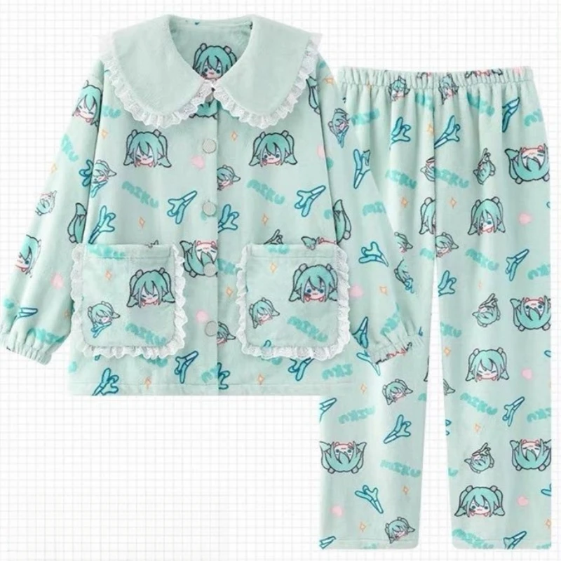 Anime Hatsune Miku Pajamas Cartoon Cute Women's Fashionable Winter Warm Long Sleeves and Trousers Home Clothes Comfortable