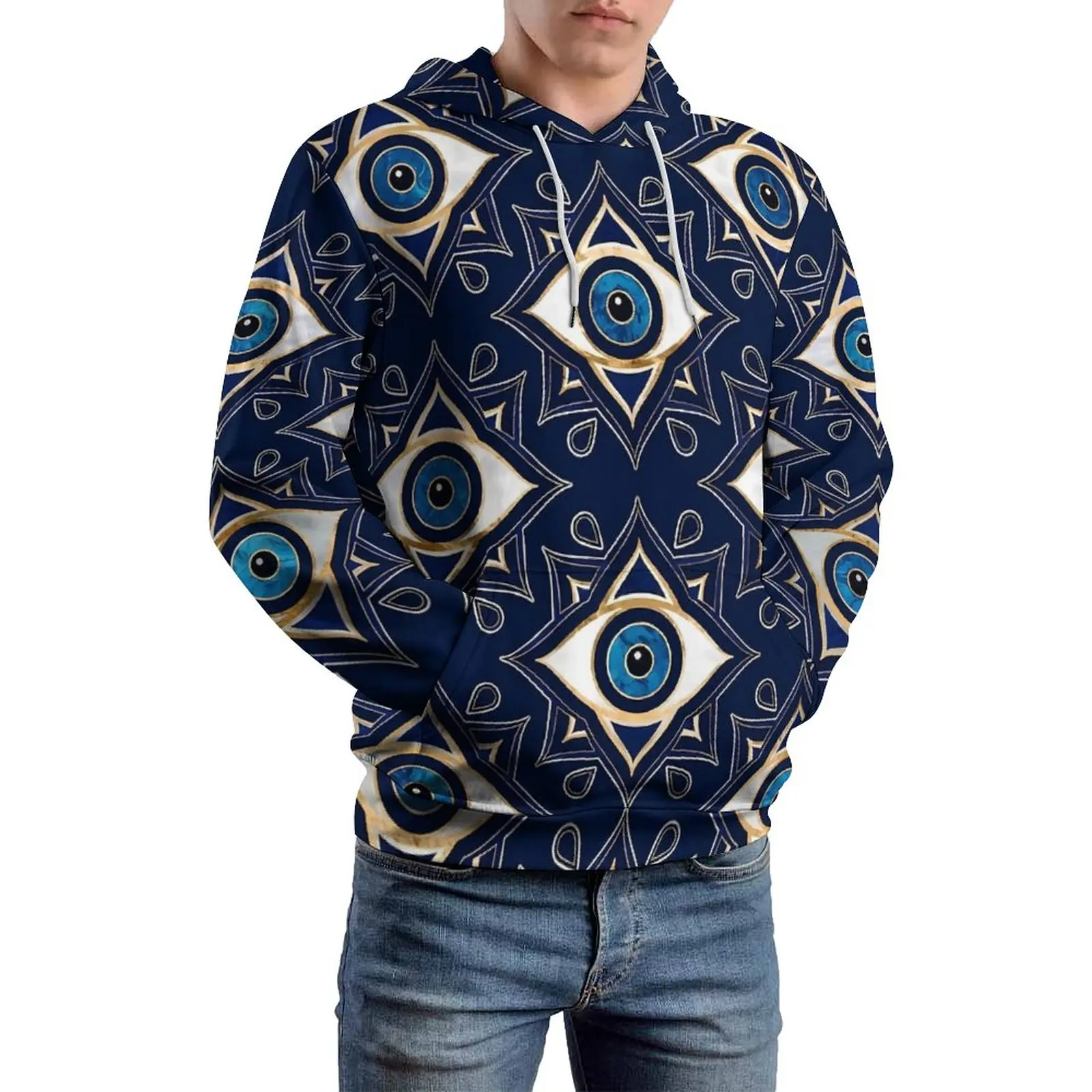 

Повседневные толстовки от сглаза с длинным рукавом сине-золотистая Эстетическая Толстовка Зимняя корейская модная дизайнерская одежда оверсайз