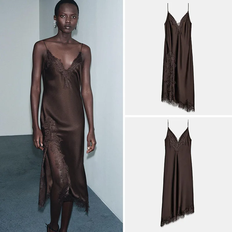 

Сексуальное кружевное шелковое атласное платье Dr ZA2025, новое зимнее женское модное платье на бретельках, традиционный костюм для выступления на сцене