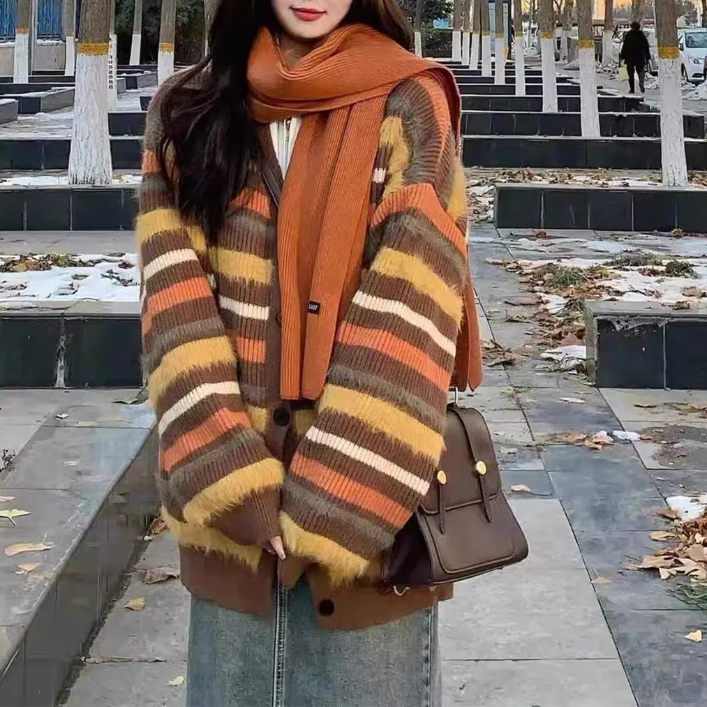 

2025 New Fashion Women's Contrast Color Striped Casual Trendy Single-breasted Loose V-neck Knitted Sweater Cardigans Female Coat