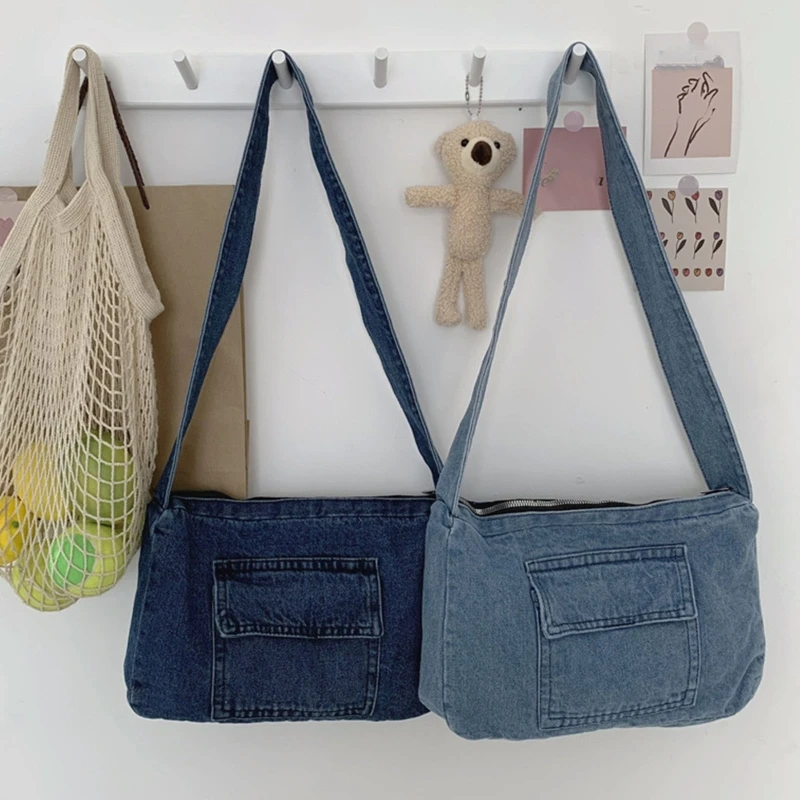 Women Casual Denim Shoulder Bag Retro Teens Girls Crossbody Bag Youth Student School Shopping Daily Handbag Messenger Tote