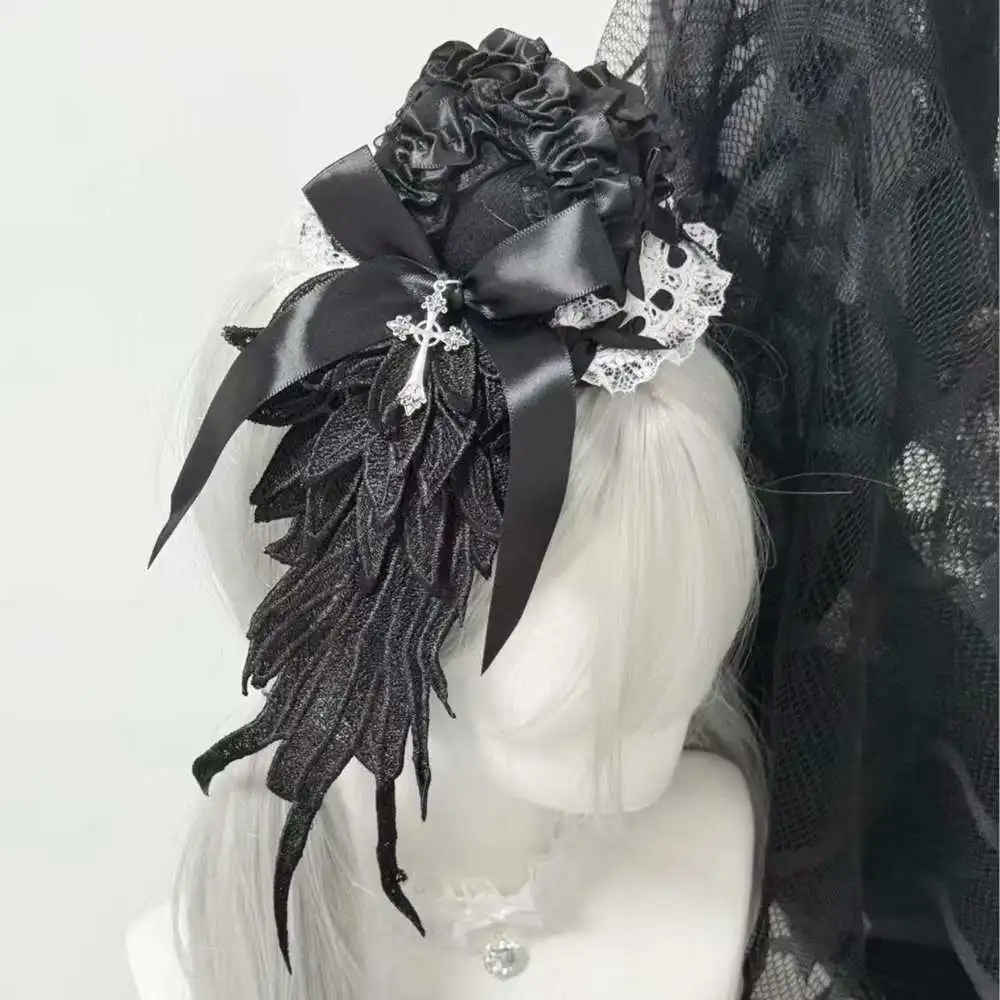 Women's Harajuku Steampunk Y2K Lace Wing Headwear Bow Mini Top Hat Hair Clip Lolita Gothic Dark Angel Cross Hair Accessories