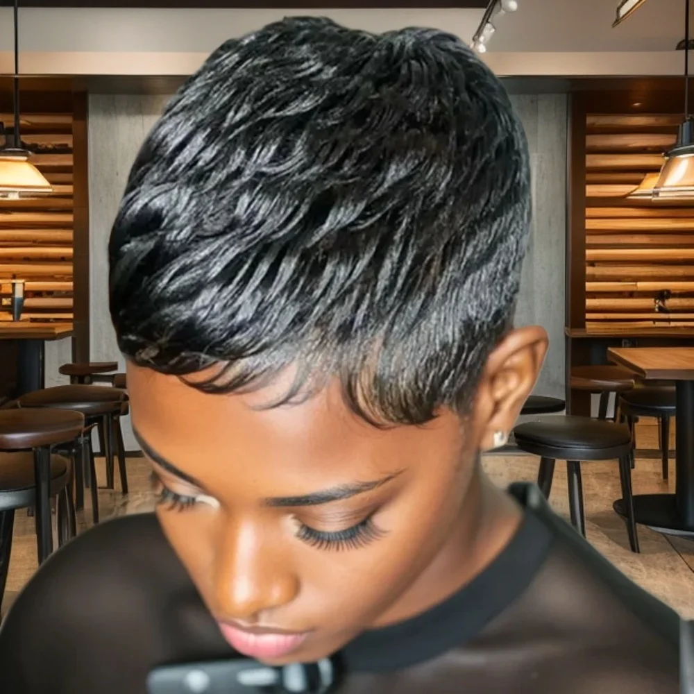 짧은 레이어드 픽시컷 전체 기계식 가발(뱅 포함) 여름 헤어스타일 내추럴 1b 색상