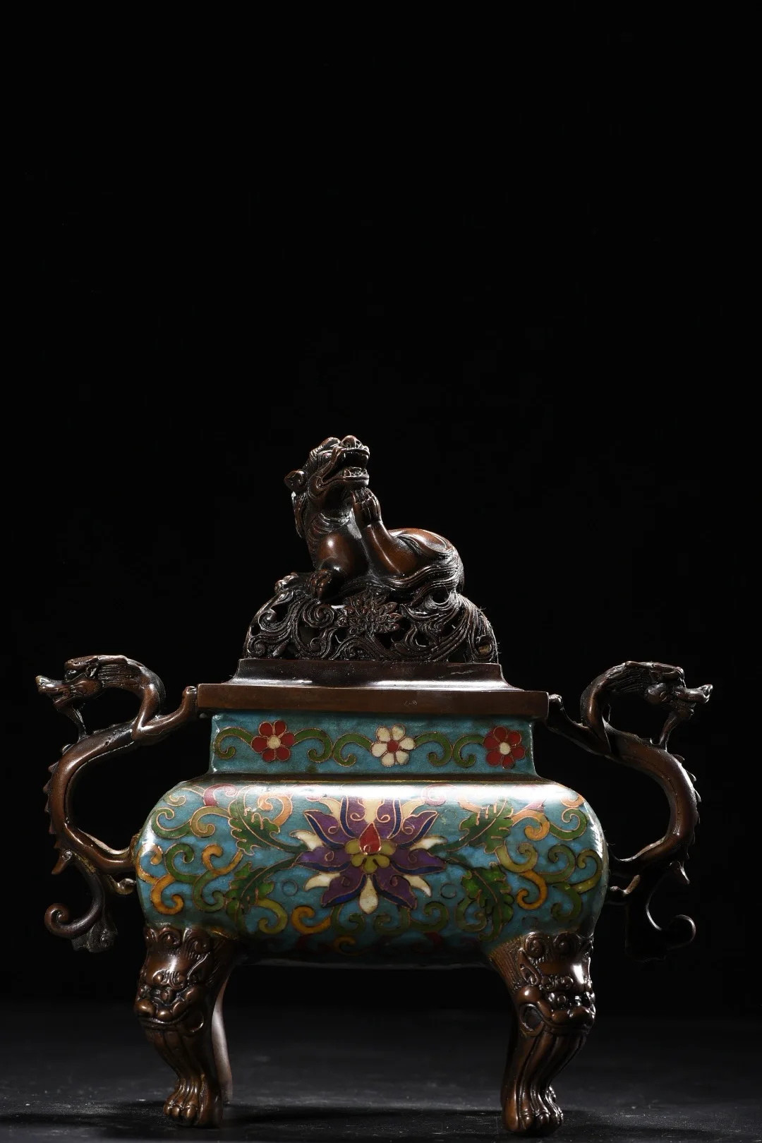 Old Bronze Cloisonne Enamel Lotus patternLion statue cover Dragon Ear Four Legged Incense Burner Worship Hall