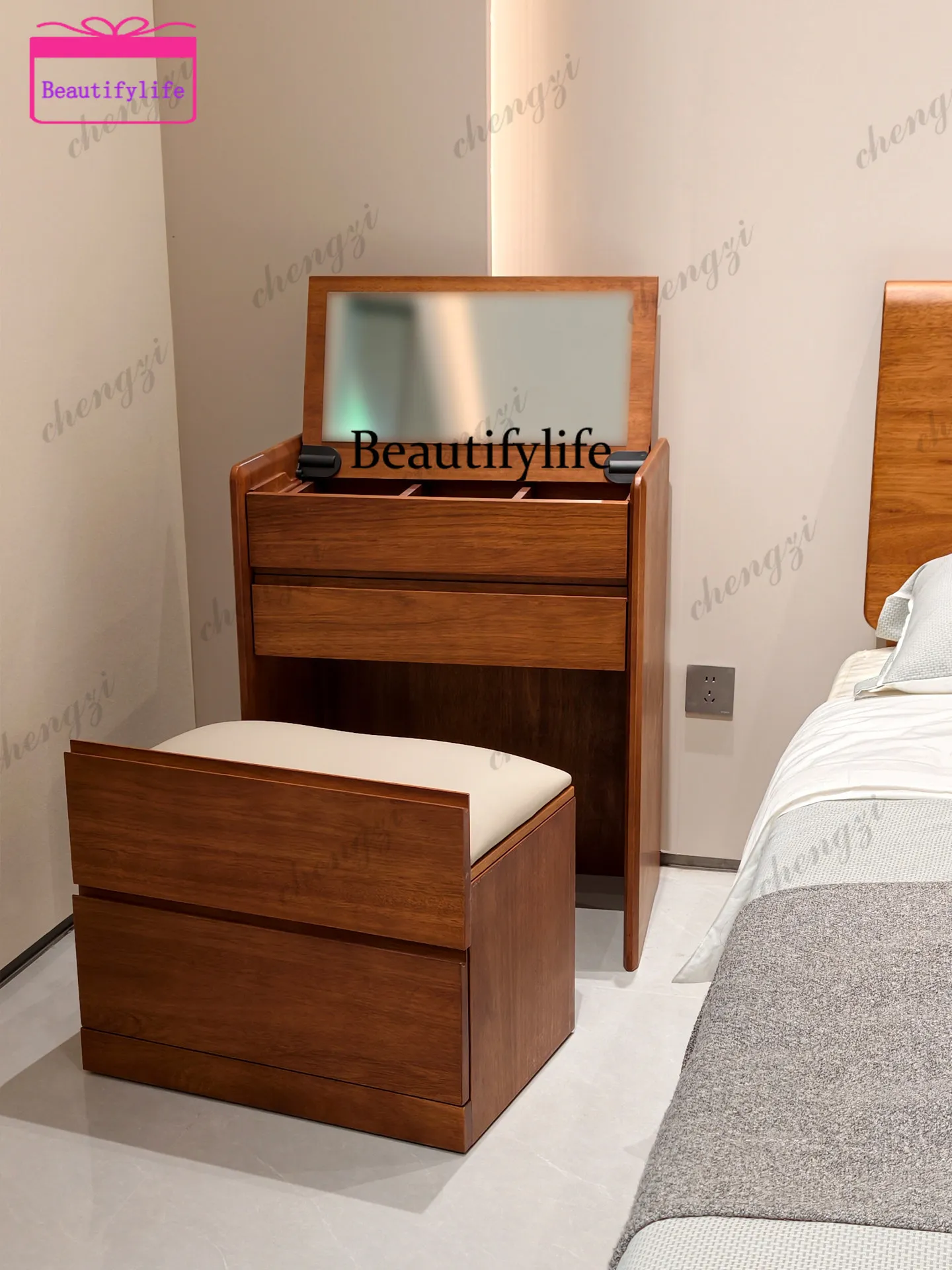 A55 Solid wood dresser small cosmetic table bedroom small apartment simple modern flip bedside table integrated