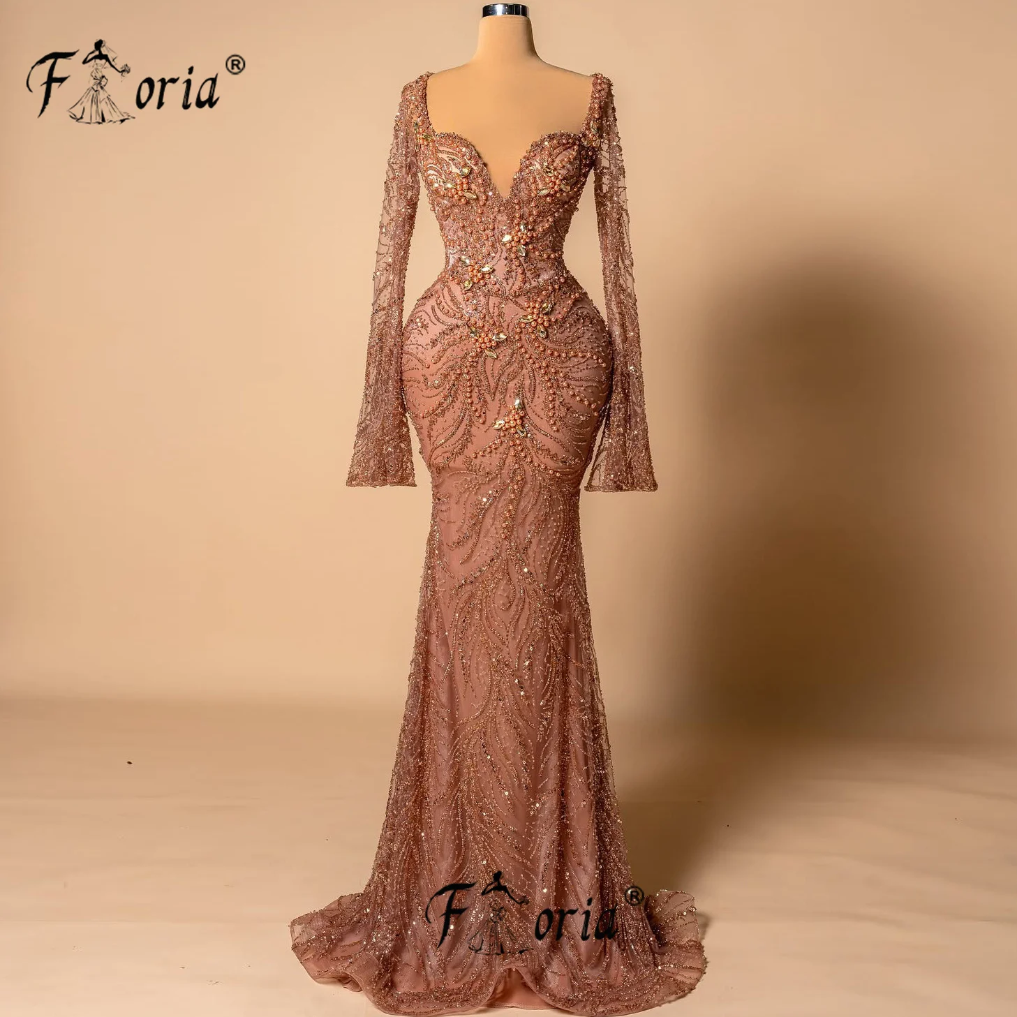 

Роскошное коричневое кружевное вечернее платье русалки с бисером и жемчугом, прозрачные платья для выпускного вечера, вечерние платья Vestidos de fiesta Femme 2025