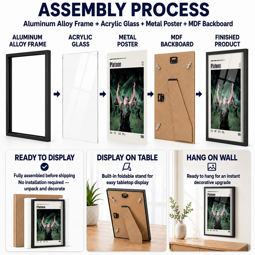 Platoon Movie Framed Aluminum Metal Poster Customized Screen Tribute Wall Art Ideal For Entertainment Lounge Or Story Lovers