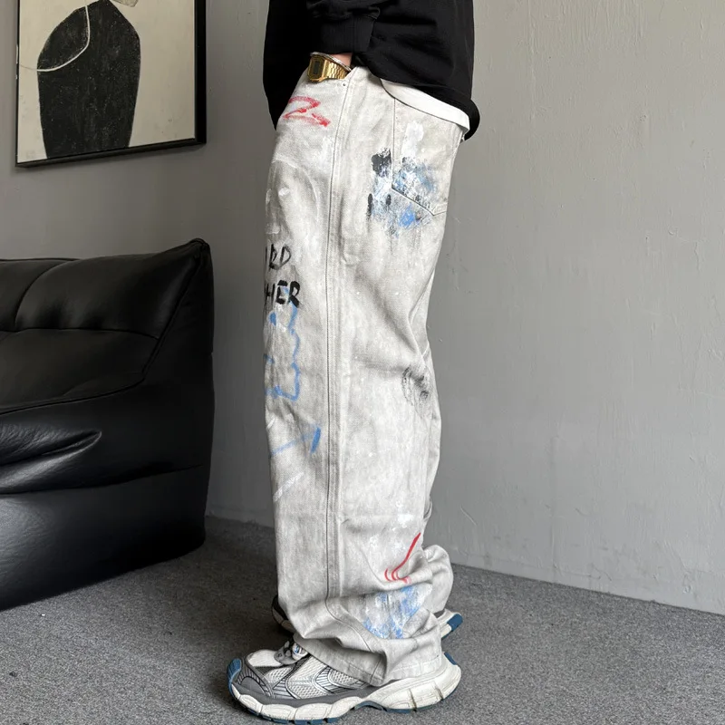 Американский повседневный хулиган, красивые потертые джинсы в стиле ретро с граффити, мужские прямые свободные широкие брюки