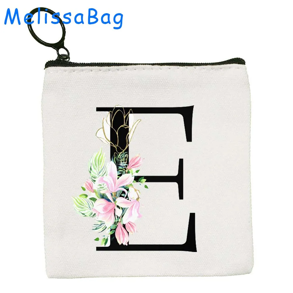 Bolsa floral de lona do monograma, Saco chave, Carteira, Bolsa com zíper, floral bonito, letra inicial A a Z, presente do alfabeto, flor bonita