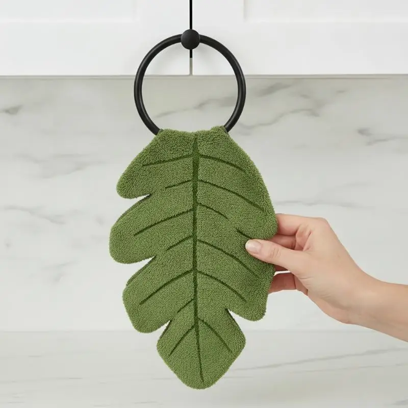 @*Banana Leaf Hanging Hand Towel No Fading Thick Coral Velvet Absorbent Quick Dry for Long Term Use